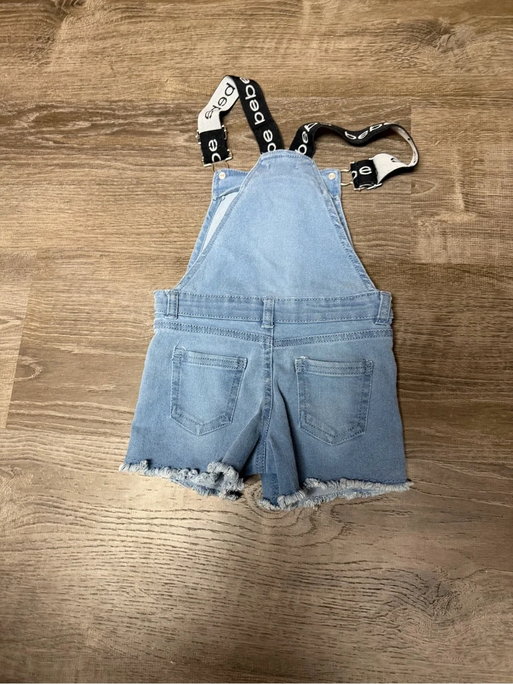 bebe Light Blue Denim Short Overalls with Logo Straps